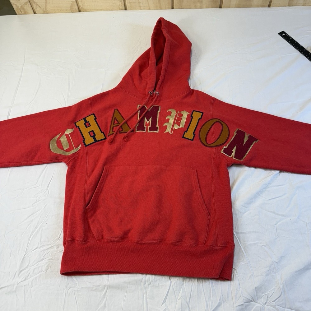 Vintage 90S Champion Cotton Weave Hoodie Men's Or women's Embroidered Y2K Red - Picture 9 of 16